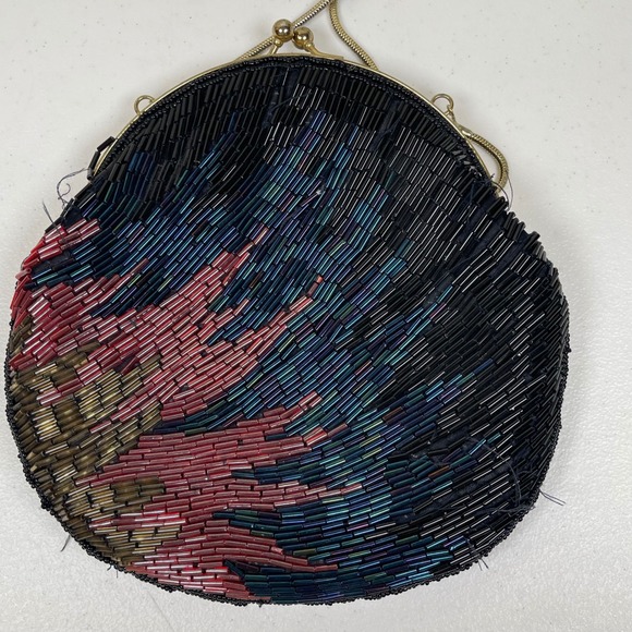 Vintage La Regale Black Beaded Clutch Evening Kiss Lock Chain Strap 70s Disco - Picture 5 of 9